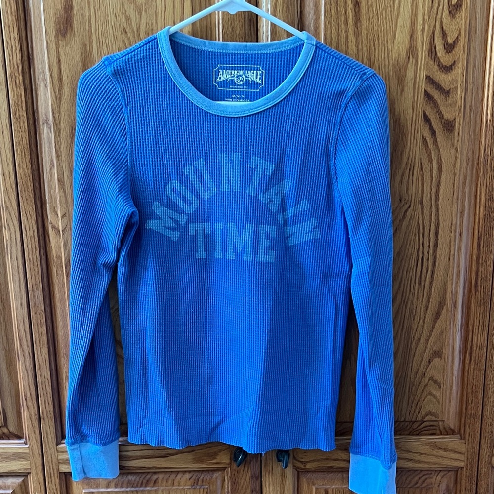 American Eagle Outfitters Blue Long-Sleeve Waffle Knit Tee